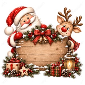Puede incluir: Un letrero de madera decorado con una figura de Santa Claus y un reno de nariz roja. El arreglo incluye ramas de pino, bayas rojas, dos campanas doradas, un lazo rojo, dos cajas de regalo, un adorno de estrella y un farol encendido con nieve.