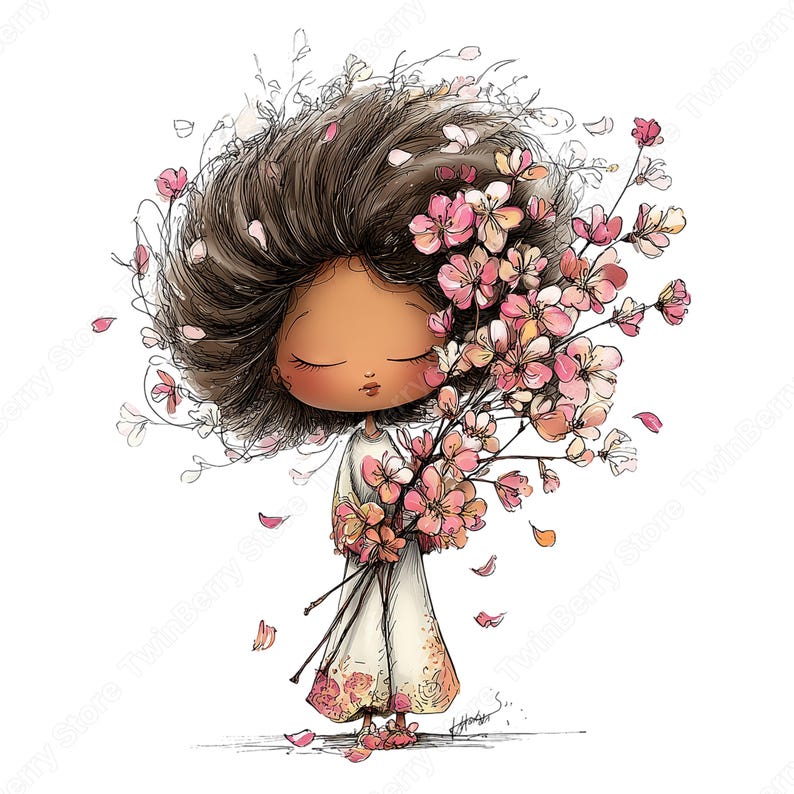 Vår Clipart PNG, 30 nyckfull flicka med blommor grafikpaket bild 9