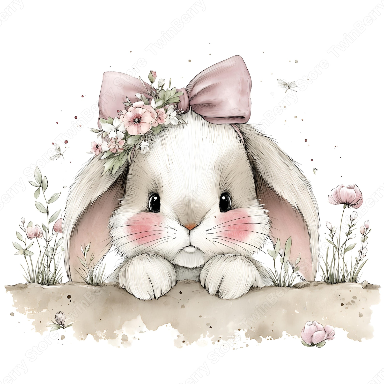 Pink Rabbit Jpeg Pink Bunny JPEG, 18 Whimsical Rabbit Clipart With Bows for Baby Shower ...