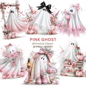 Op de afbeelding: Een digitale collectie van zes witte en roze spookillustraties met bloemaccenten, strikken, pompoenen, boeken en een lantaarn. De tekst luidt PINK GHOST Whimsical Clipart 22 PNGs | 300DPI. Deze afbeeldingen tonen verschillende spookpersonages.