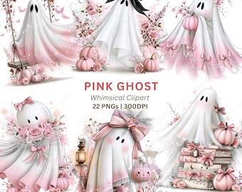 Pink Ghost Clipart PNG, 22 Coquette Watercolor Halloween Ghost Graphics with Pink Pumpkins & Bows