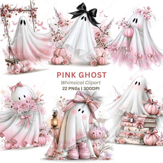 Pink Ghost Clipart PNG, 22 Coquette Watercolor Halloween Ghost Graphics with Pink Pumpkins & Bows