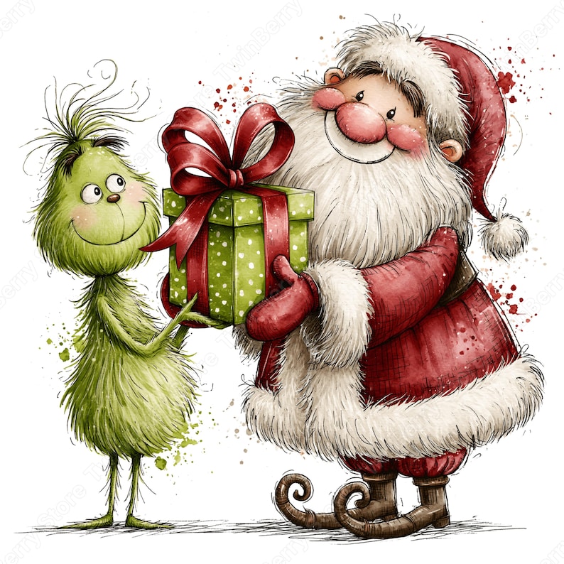 Grappige kerstman clipart PNG, 27 speelse kerstafbeeldingen, kerstman met groene vriend die cadeautjes draagt voor kaarten en sublimatie. afbeelding 15