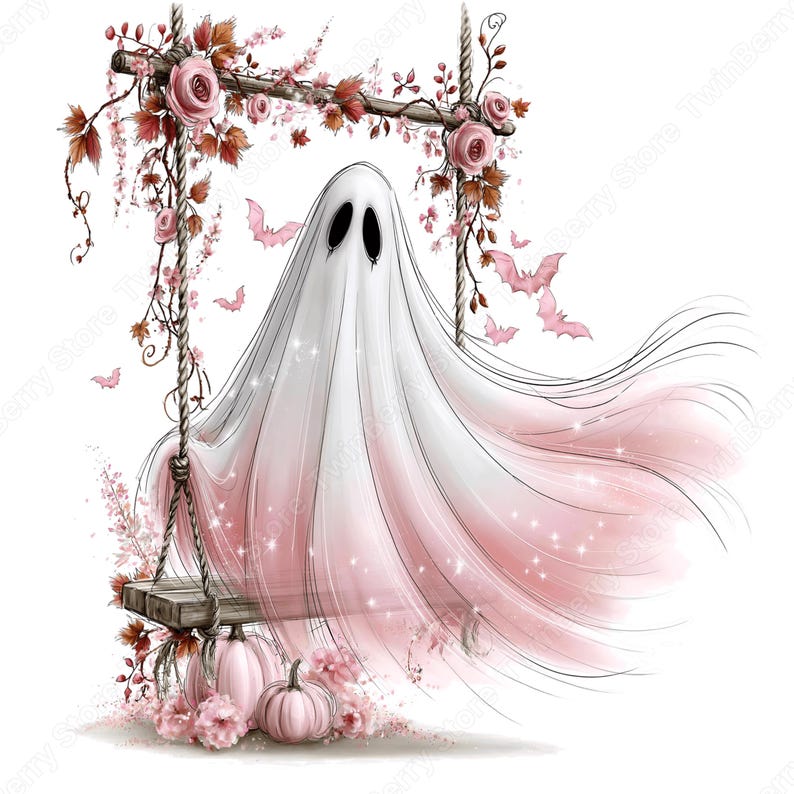 May include: A digital illustration of a white ghost with a pink ombre hem sitting on a wooden swing. The swing is decorated with pink roses, autumn leaves, and vines. Small pink bats fly around the ghost, and two pink pumpkins sit below.