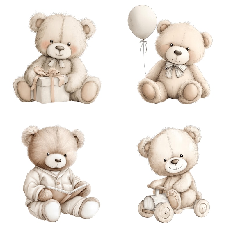 Watercolor Teddy Bear Clipart: Boho Nursery PNG Images (Digital Download - 40 PNGs) image 4