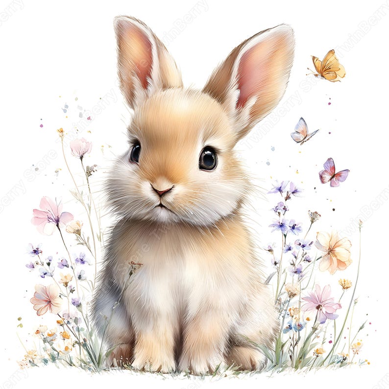 Bunny Wildflower JPG, 23 Watercolor Rabbit in Meadow Clipart for Spring ...