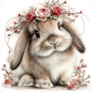 May include: A charming illustration of a bunny with long ears, adorned with a floral crown of pink and red roses. The bunny has soft brown and white fur, with a sweet expression. Delicate pink flowers frame the bunny, creating a whimsical and elegant design.