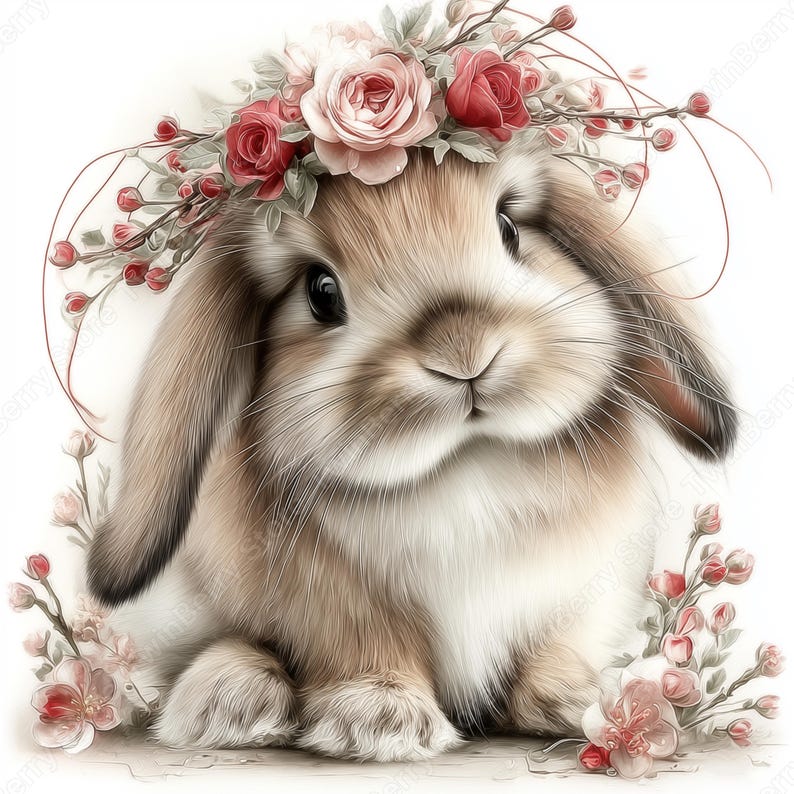 May include: A charming illustration of a bunny with long ears, adorned with a floral crown of pink and red roses. The bunny has soft brown and white fur, with a sweet expression. Delicate pink flowers frame the bunny, creating a whimsical and elegant design.