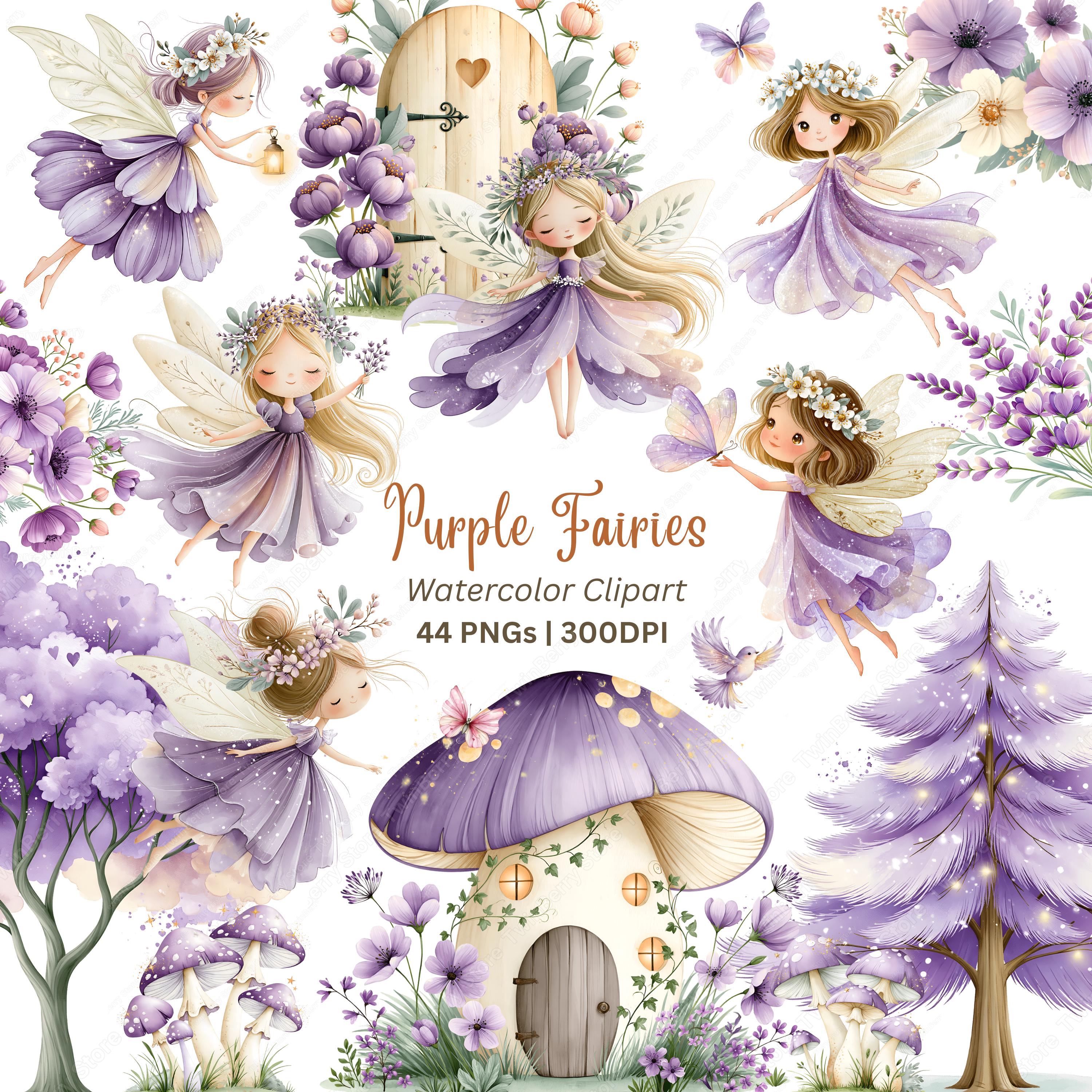Purple Fairy Clipart PNG, 44 Watercolor Lavender Fairy Garden Elements ...