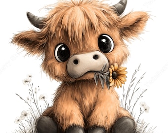 Highland Cow Clipart PNG, 27 Cute Baby Highland Cow Characters for Nursery Wall Art and Stickers