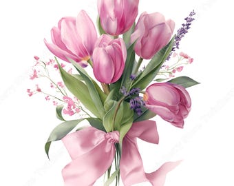 Puede incluir: Un ramo de acuarela de tulipanes rosas, lavanda y pequeñas flores rosas, atado con una cinta rosa a juego. El arreglo presenta hojas verdes sobre un fondo blanco.