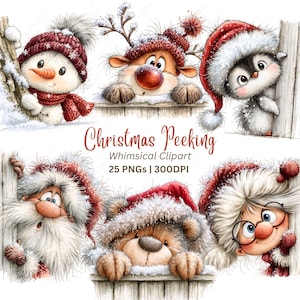 Imágenes prediseñadas navideñas divertidas en formato PNG, 25 personajes extravagantes asomándose, muñecos de nieve, gnomos, renos y Papá Noel para tarjetas y sublimación.