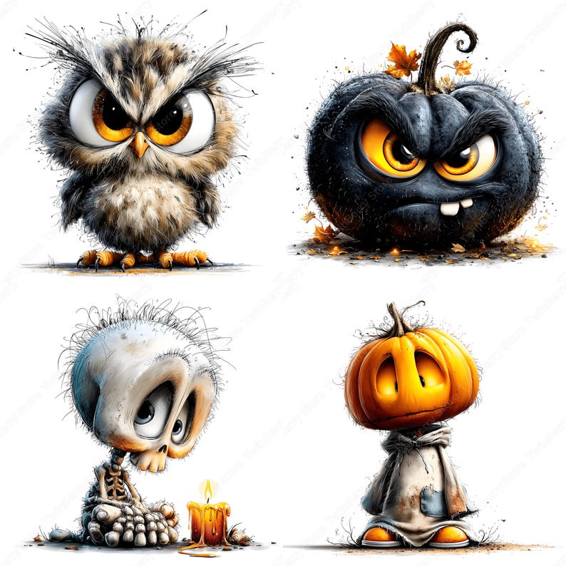 May include: A collection of four cartoon Halloween characters. An owl with large yellow eyes, a black pumpkin with an angry face, a skeleton with a candle, and a pumpkin-headed figure in a hooded cloak.