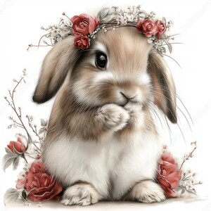 May include: A charming illustration of a bunny with brown and white fur, wearing a floral crown of red roses and white blossoms. The bunny is surrounded by more red roses and delicate branches, creating a soft, whimsical aesthetic.