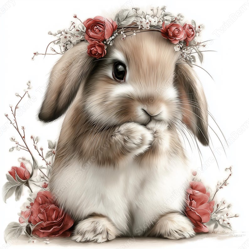 May include: A charming illustration of a bunny with brown and white fur, wearing a floral crown of red roses and white blossoms. The bunny is surrounded by more red roses and delicate branches, creating a soft, whimsical aesthetic.