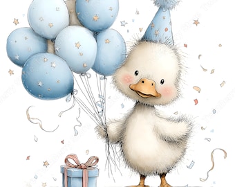 Födelsedagsgås Clipart, blå festballonger, första födelsedag (JPG digital nedladdning)