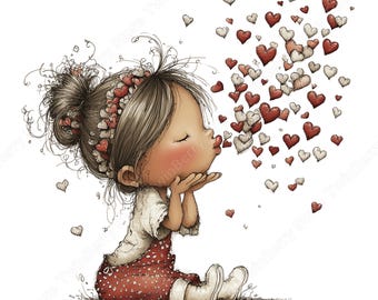 30 Valentine's Day Girl Clipart PNG, Whimsical Little Girl with Hearts & Balloons, Digital Download