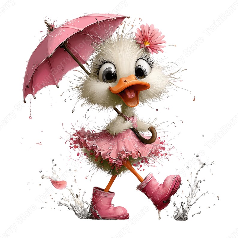 May include: A whimsical illustration of a duckling wearing a pink dress, boots, and a flower, holding a pink umbrella. The duckling is walking through water, with splashes and droplets around it. The duckling has a large beak and big eyes.