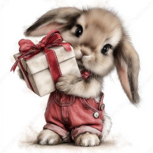 May include: A watercolor illustration of a cute bunny wearing red overalls, holding a gift box with a red ribbon. The bunny has brown fur and long ears, with a sweet expression. The gift box is beige with a red ribbon.