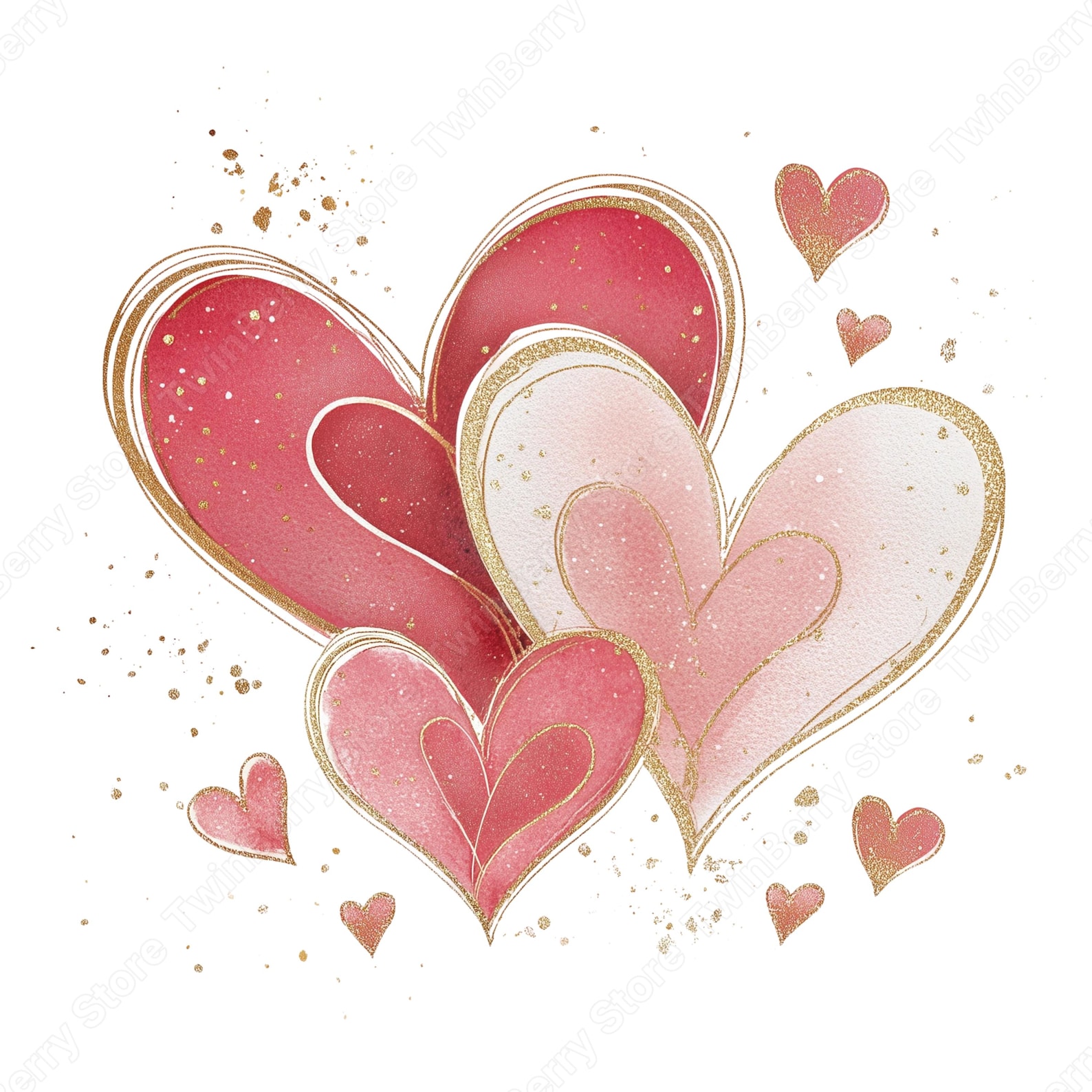 20 Pink & Gold Hearts Clipart PNG, Elegant Watercolor Valentine Hearts ...