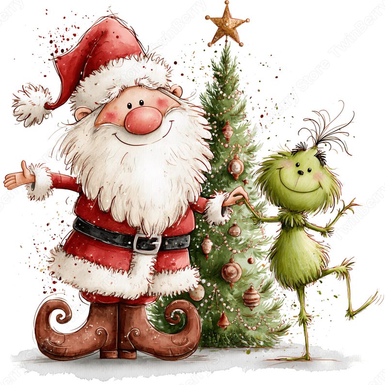 Op de afbeelding: Een aquarelillustratie van de Kerstman in een rood pak met witte bontrand en bruine, gekrulde laarzen, naast een groen, harig wezen en een versierde kerstboom met een gouden ster op de top, alles tegen een witte achtergrond.