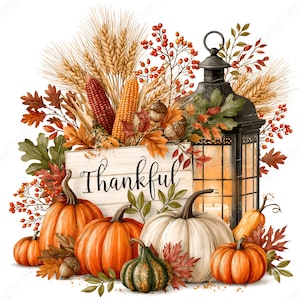 May include: A decorative autumn arrangement featuring orange and white pumpkins, a dark metal lantern with a candle, wheat stalks, red berries, acorns, and oak leaves. A white wooden sign in the center displays the word Thankful in black script.