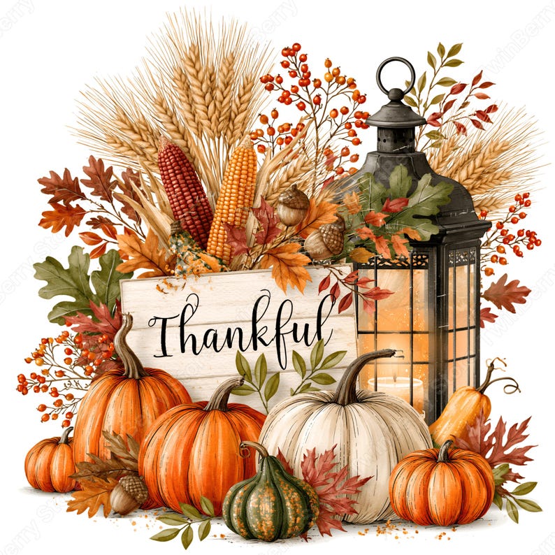 May include: A decorative autumn arrangement featuring orange and white pumpkins, a dark metal lantern with a candle, wheat stalks, red berries, acorns, and oak leaves. A white wooden sign in the center displays the word Thankful in black script.