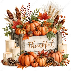 May include: A wooden crate with the word Thankful written on the front, filled with orange pumpkins, autumn leaves, corn, and wheat. The arrangement is surrounded by lit pillar candles, pinecones, and acorns, creating a seasonal harvest display.