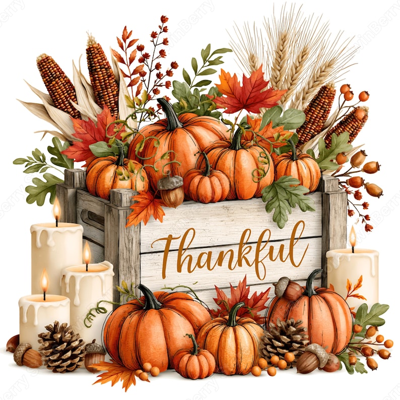 May include: A wooden crate with the word Thankful written on the front, filled with orange pumpkins, autumn leaves, corn, and wheat. The arrangement is surrounded by lit pillar candles, pinecones, and acorns, creating a seasonal harvest display.