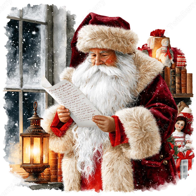 May include: A Santa Claus figure with a long white beard and glasses wears a red velvet coat with beige fur trim and a matching hat. Santa holds a handwritten letter while standing near a glowing lantern and a shelf with books and a doll.