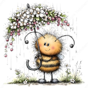 May include: A whimsical illustration of a cartoon bee holding a black umbrella adorned with white flowers and pink berries. The bee, with a fuzzy body and striped pattern, stands in the rain, smiling. The background features raindrops and small plants.