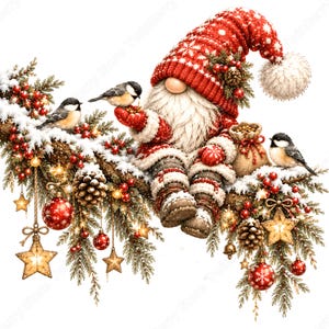 Puede incluir: Un gnomo con gorro de punto rojo con copos de nieve blancos y un pomp&oacute;n sentado en una rama de pino nevada. El gnomo sostiene semillas para tres p&aacute;jaros peque&ntilde;os. La rama est&aacute; decorada con adornos rojos, pi&ntilde;as y estrellas doradas brillantes.