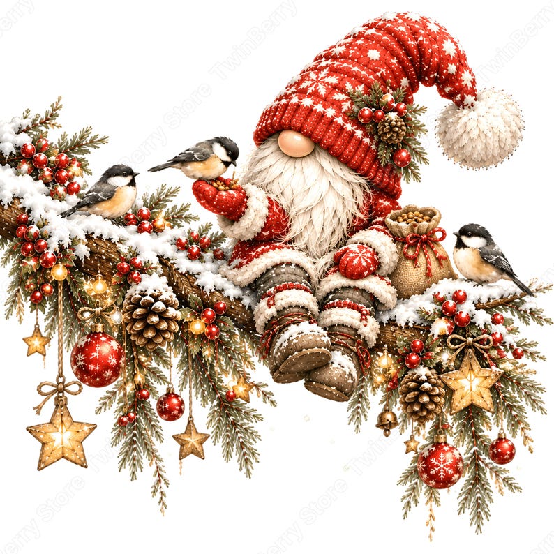 Puede incluir: Un gnomo con gorro de punto rojo con copos de nieve blancos y un pomp&oacute;n sentado en una rama de pino nevada. El gnomo sostiene semillas para tres p&aacute;jaros peque&ntilde;os. La rama est&aacute; decorada con adornos rojos, pi&ntilde;as y estrellas doradas brillantes.