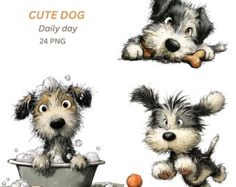 Può includere: Illustrazione digitale di tre cani dei cartoni animati. Uno sta masticando un osso, un altro è in una vasca da bagno con bolle e il terzo salta con una palla. Il testo "CUTE DOG Daily day 24 PNG" è in alto.