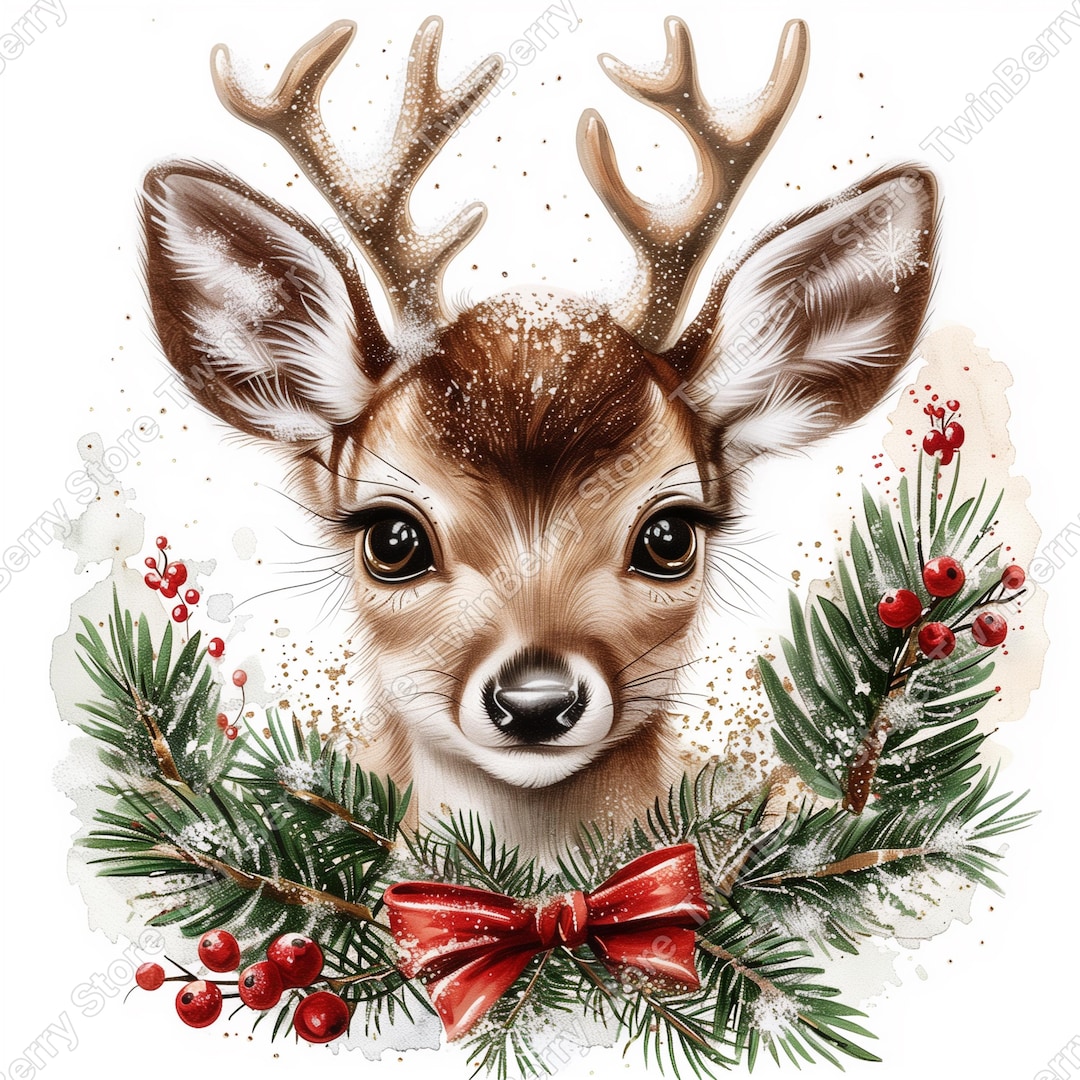 16 Christmas Reindeer Clipart, Watercolor Baby Deer JPG Bundle, Holiday ...