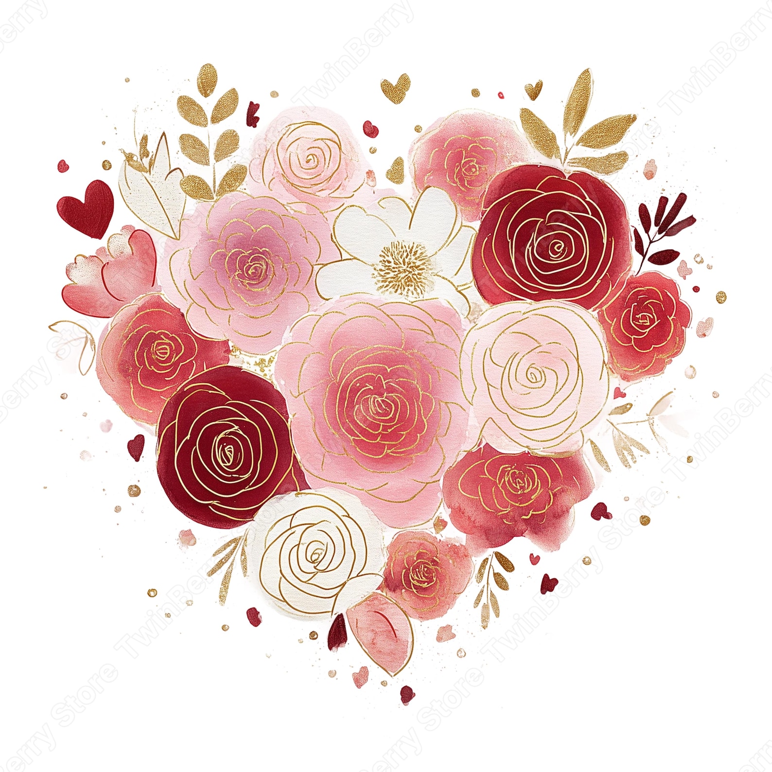 20 Pink & Gold Hearts Clipart PNG, Elegant Watercolor Valentine Hearts ...