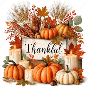 May include: A decorative arrangement featuring a wooden crate with the word Thankful printed on the front. The display includes orange pumpkins, ears of corn, wheat stalks, red berries, autumn maple leaves, and four lit pillar candles with wax drips.