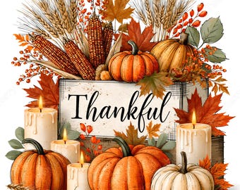 Może przedstawiać: Dekoracyjna kompozycja z drewnianą skrzynką, na której froncie widnieje napis Thankful. Zestaw zawiera pomarańczowe dynie, kolby kukurydzy, kłosy pszenicy, czerwone jagody, jesienne liście klonu oraz cztery zapalone świece z zaciekami wosku.