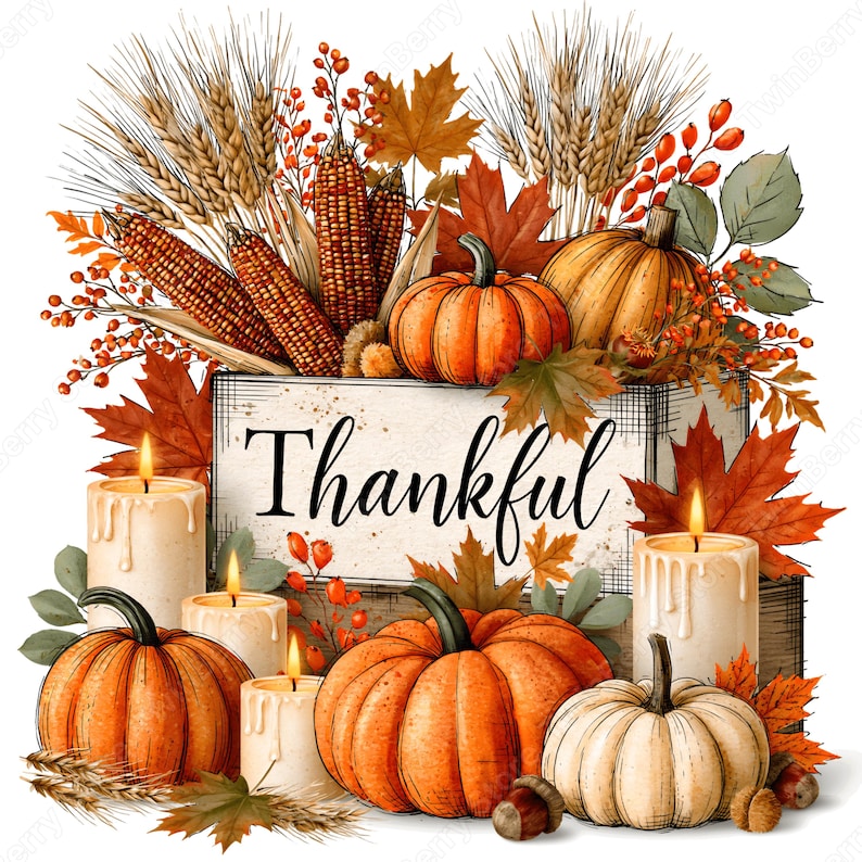 May include: A decorative arrangement featuring a wooden crate with the word Thankful printed on the front. The display includes orange pumpkins, ears of corn, wheat stalks, red berries, autumn maple leaves, and four lit pillar candles with wax drips.
