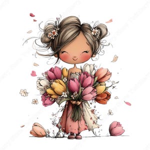 Vår Clipart PNG, 30 nyckfull flicka med blommor grafikpaket bild 2