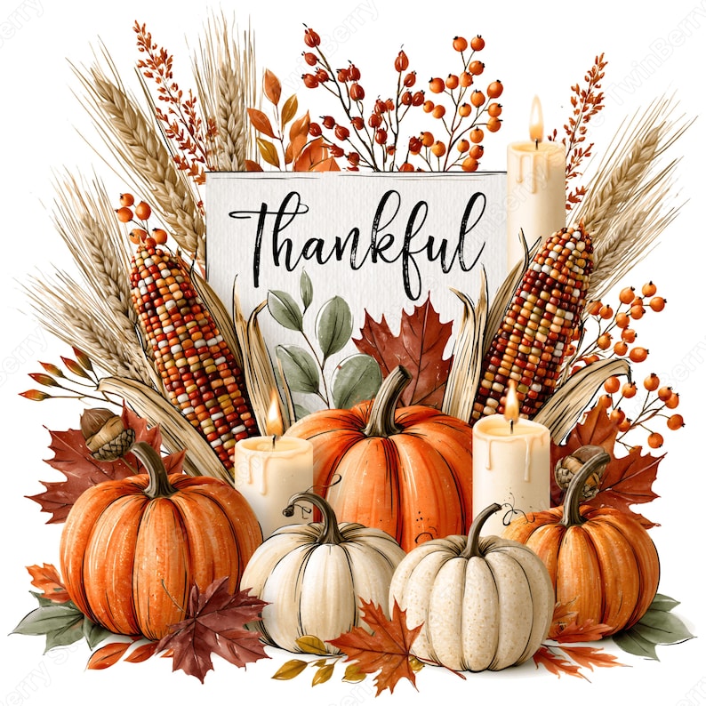 May include: A decorative illustration featuring a white rectangular sign with the word Thankful in black script, surrounded by orange and white pumpkins, lit pillar candles, dried wheat stalks, autumn leaves, and clusters of orange berries.
