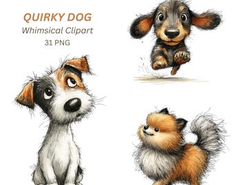 Whimsical Dogs PNG, 31 Quirky Puppies Clipart Pugs Chihuahuas Poodles for Cards