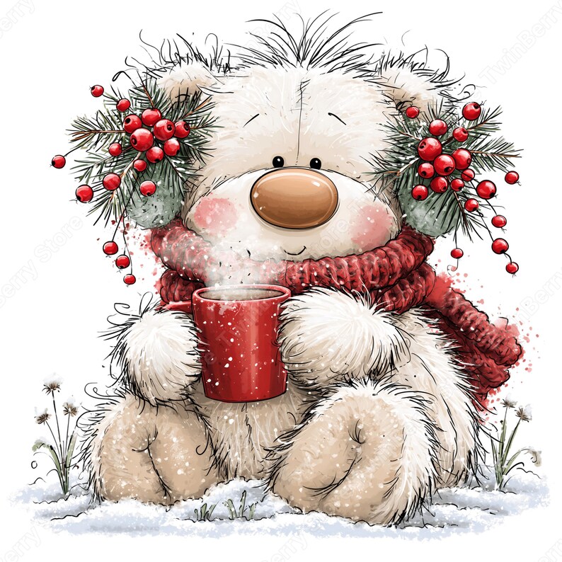 Puede incluir: Un oso de peluche blanco y esponjoso con una gran nariz marr&oacute;n, que lleva una bufanda de punto roja gruesa y orejeras decoradas con agujas de pino verdes y bayas rojas brillantes. El oso sostiene una taza roja humeante sentado en la nieve.