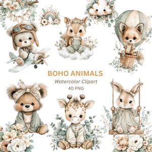 Könnte beinhalten: Aquarell-Clipart mit entzückenden Boho-Tieren, darunter ein Bär mit Pilotenmütze, ein Eichhörnchen auf einer Wolke und ein Fuchs in einem Heißluftballon. Das Bild zeigt auch einen Bären, eine Giraffe und ein Kaninchen. Der Text "BOHO ANIMALS" ist zu sehen.