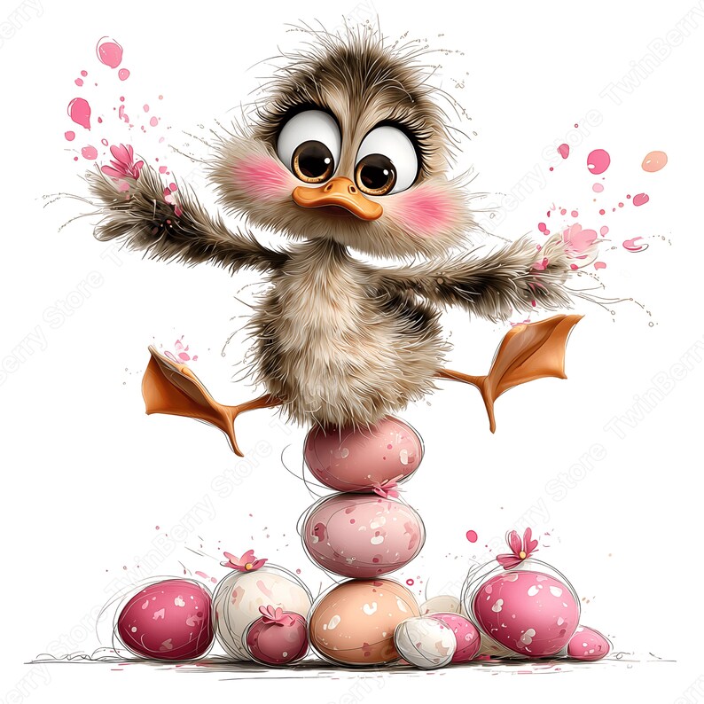 May include: A whimsical illustration of a fluffy duckling balancing on a stack of pink Easter eggs. The duckling has large eyes, rosy cheeks, and outstretched wings. Pink flower accents and scattered petals add to the cheerful, springtime theme.
