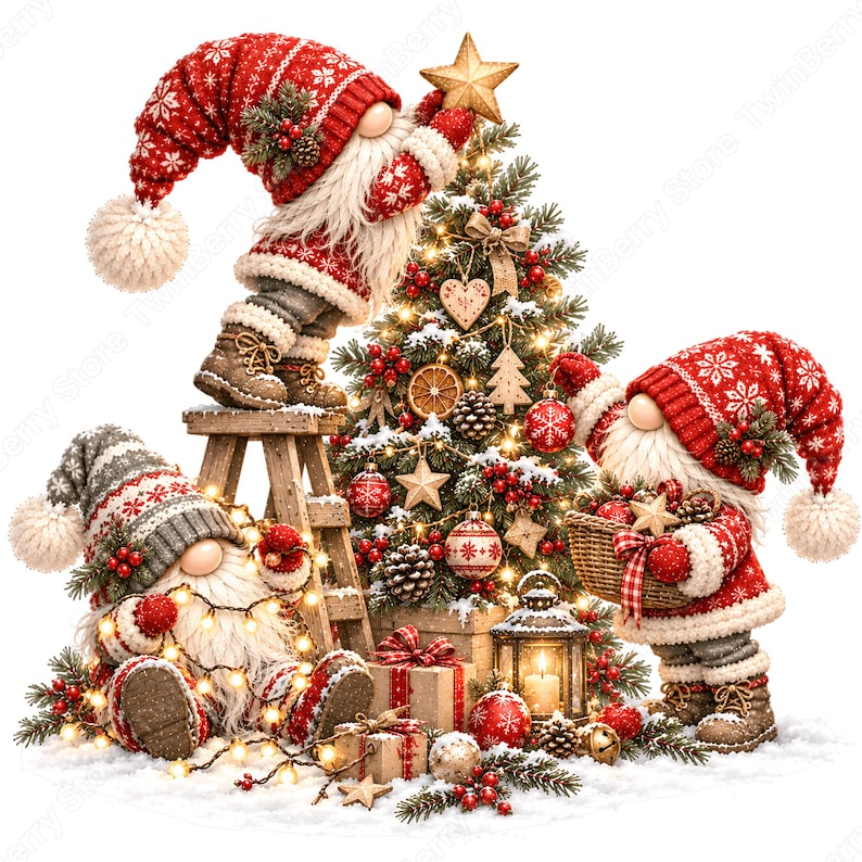 Puede incluir: Tres gnomos con ropa de invierno roja y gris decoran un &aacute;rbol de Navidad. Un gnomo est&aacute; sobre una escalera de madera colocando una estrella, otro sentado con luces, y el tercero sostiene una cesta de adornos junto a regalos envueltos.