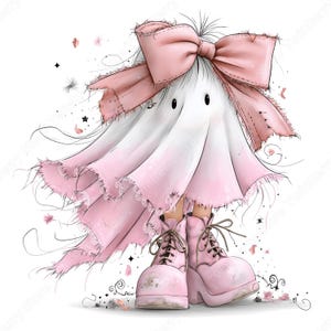 May include: A digital illustration of a ghost character draped in a white sheet with pink ombre edges, wearing a large, frayed pink bow on its head and chunky, light pink lace-up platform boots. The character has two simple black dot eyes.