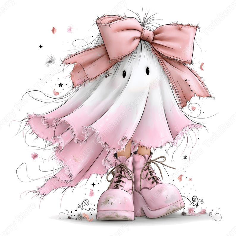 May include: A digital illustration of a ghost character draped in a white sheet with pink ombre edges, wearing a large, frayed pink bow on its head and chunky, light pink lace-up platform boots. The character has two simple black dot eyes.