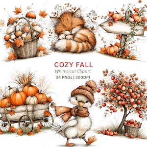 Op de afbeelding: Waterverfillustratie met een gezellig herfstthema. Met een slapende oranje kat, pompoenen, een eend met hoed en sjaal, een mand met appels en een houten bord. De tekst "COZY FALL Whimsical Clipart" is ook opgenomen.