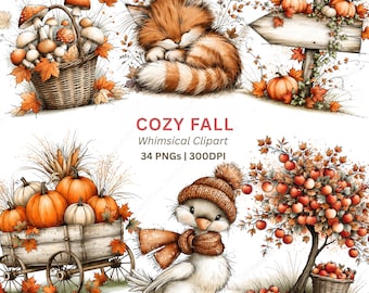 May include: Watercolor illustration with a cozy fall theme. Features a sleeping orange tabby cat, pumpkins, a duck in a hat and scarf, a basket of apples, and a wooden sign. The text "COZY FALL Whimsical Clipart" is also included.